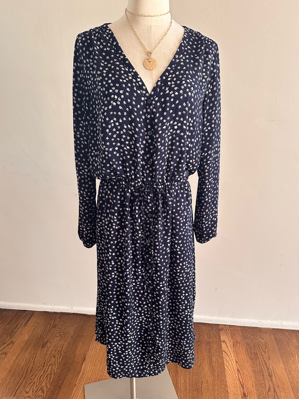 GAP Navy Ditsy Floral Long Sleeve Button Front Midi Dress Medium